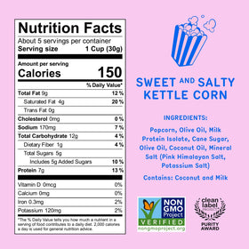 Khloud Protein Popcorn ingredients panel shows clean, six-ingredient snack for mindful choices.