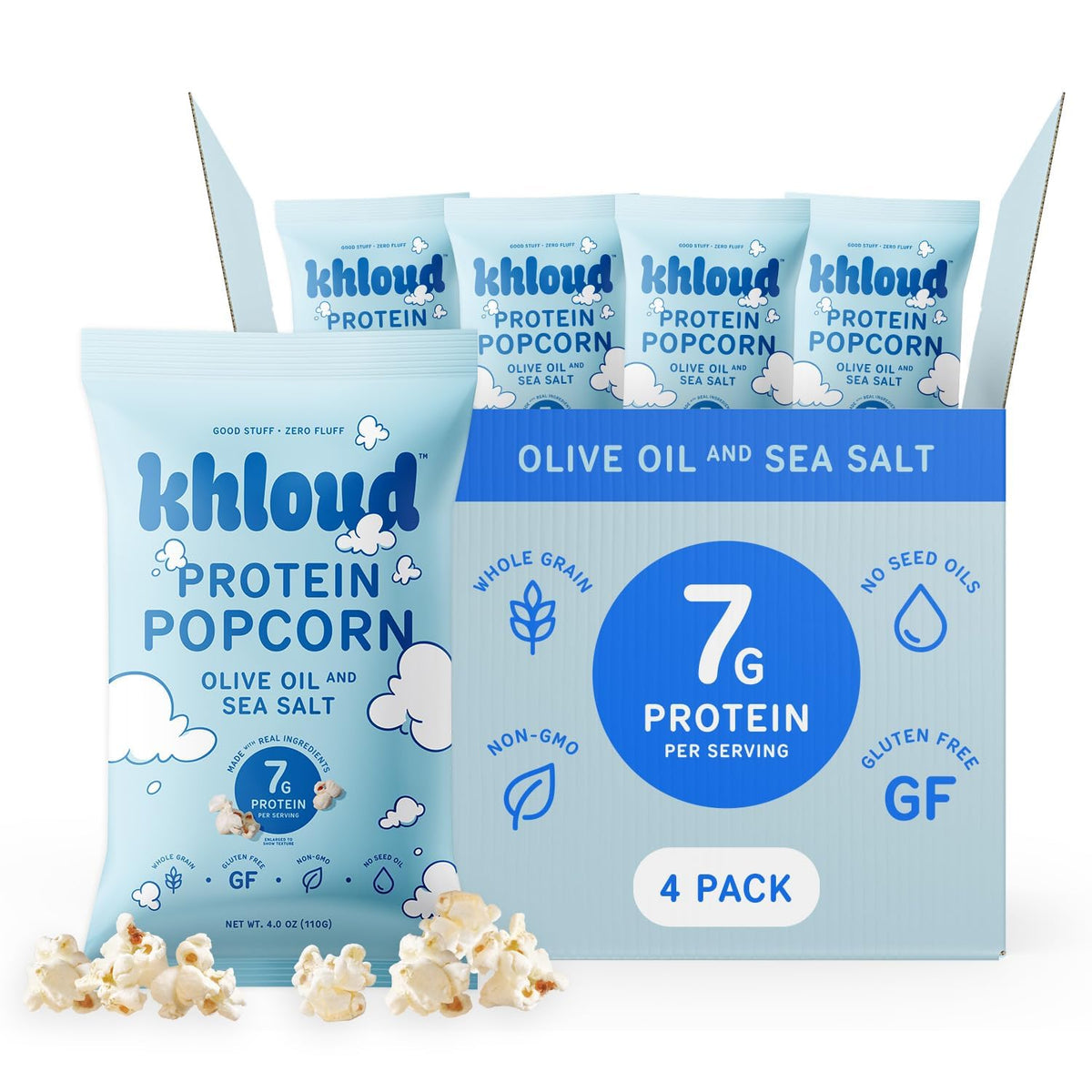 Khloud Protein Popcorn olive oil sea salt bag front — protein-packed snack for active days
