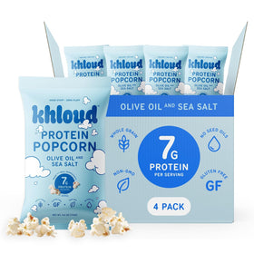 Khloud Protein Popcorn olive oil sea salt bag front — protein-packed snack for active days