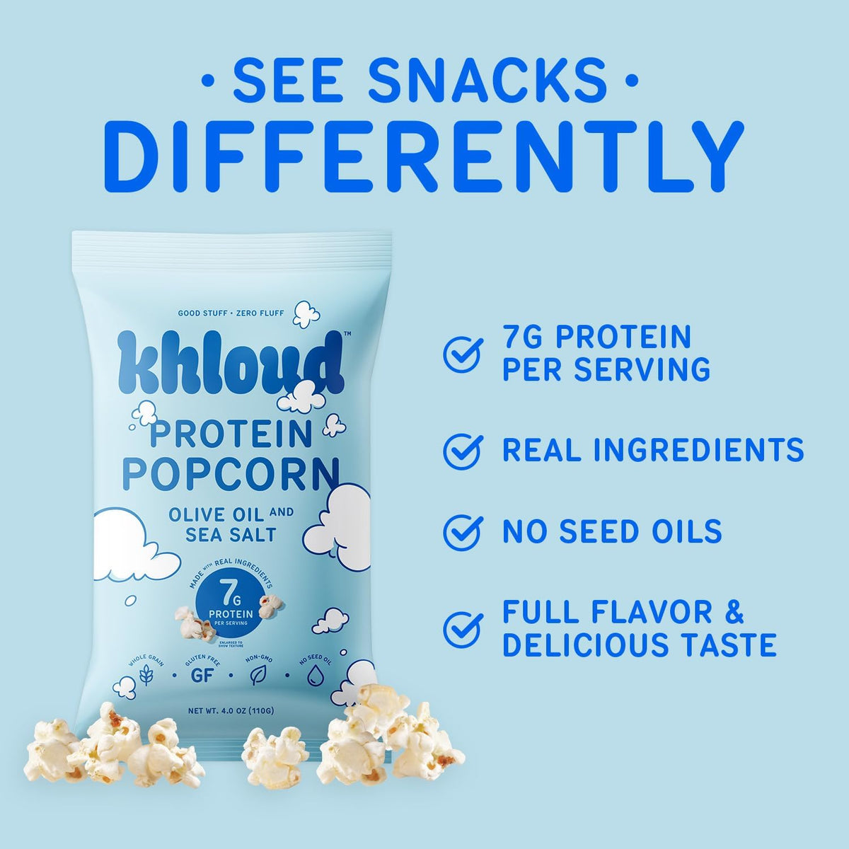 On-the-go pack of Khloud Protein Popcorn convenient snack for gym bag