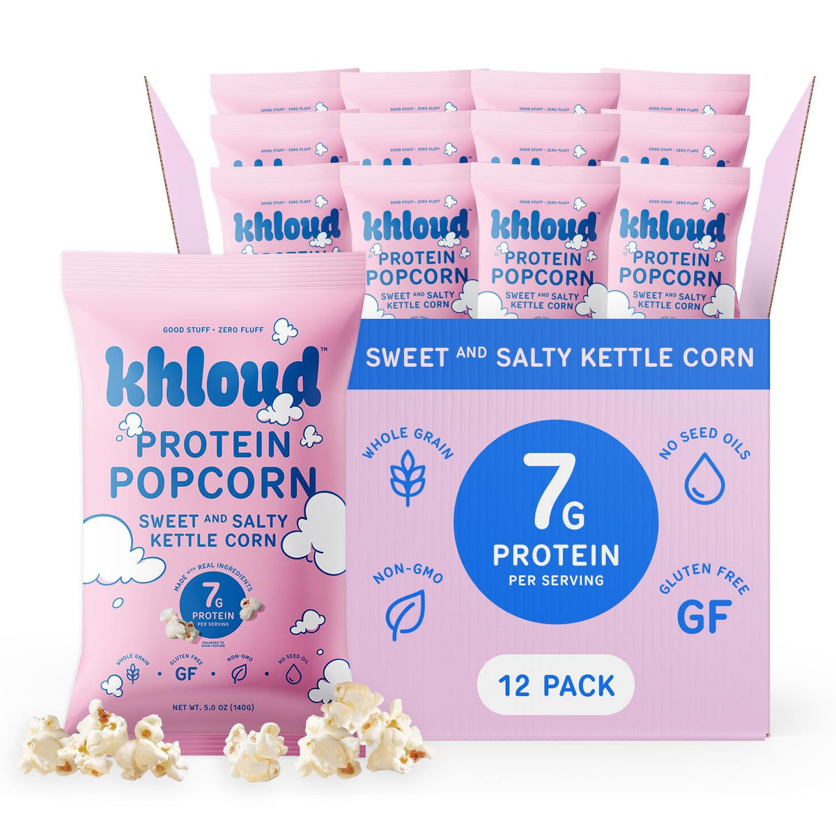 Khloud Protein Popcorn sweet and salty bag highlights 7g protein per serving for active days.