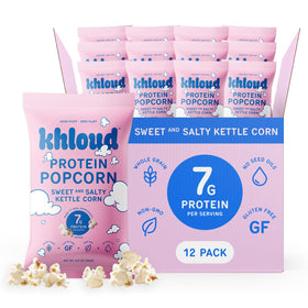 Khloud Protein Popcorn sweet and salty bag highlights 7g protein per serving for active days.
