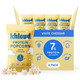 Khloud Protein Popcorn White Cheddar bag, a protein packed snack on the go