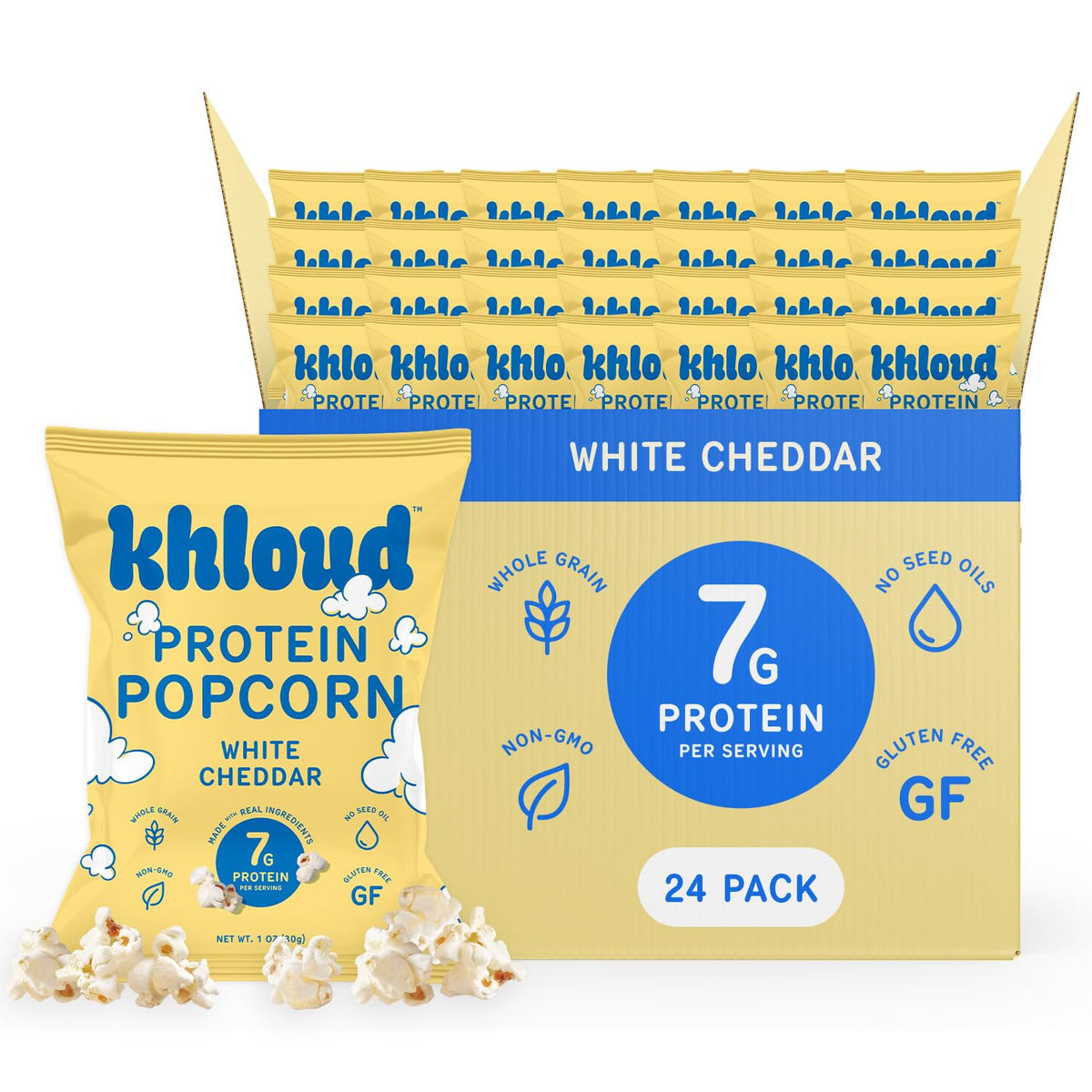 Khloud Protein Popcorn White Cheddar bag shows real ingredients and protein-rich snack.