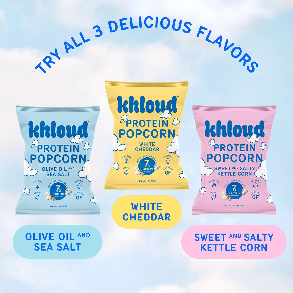 Khloud Protein Popcorn kids snack image promotes family-friendly flavor on the go.