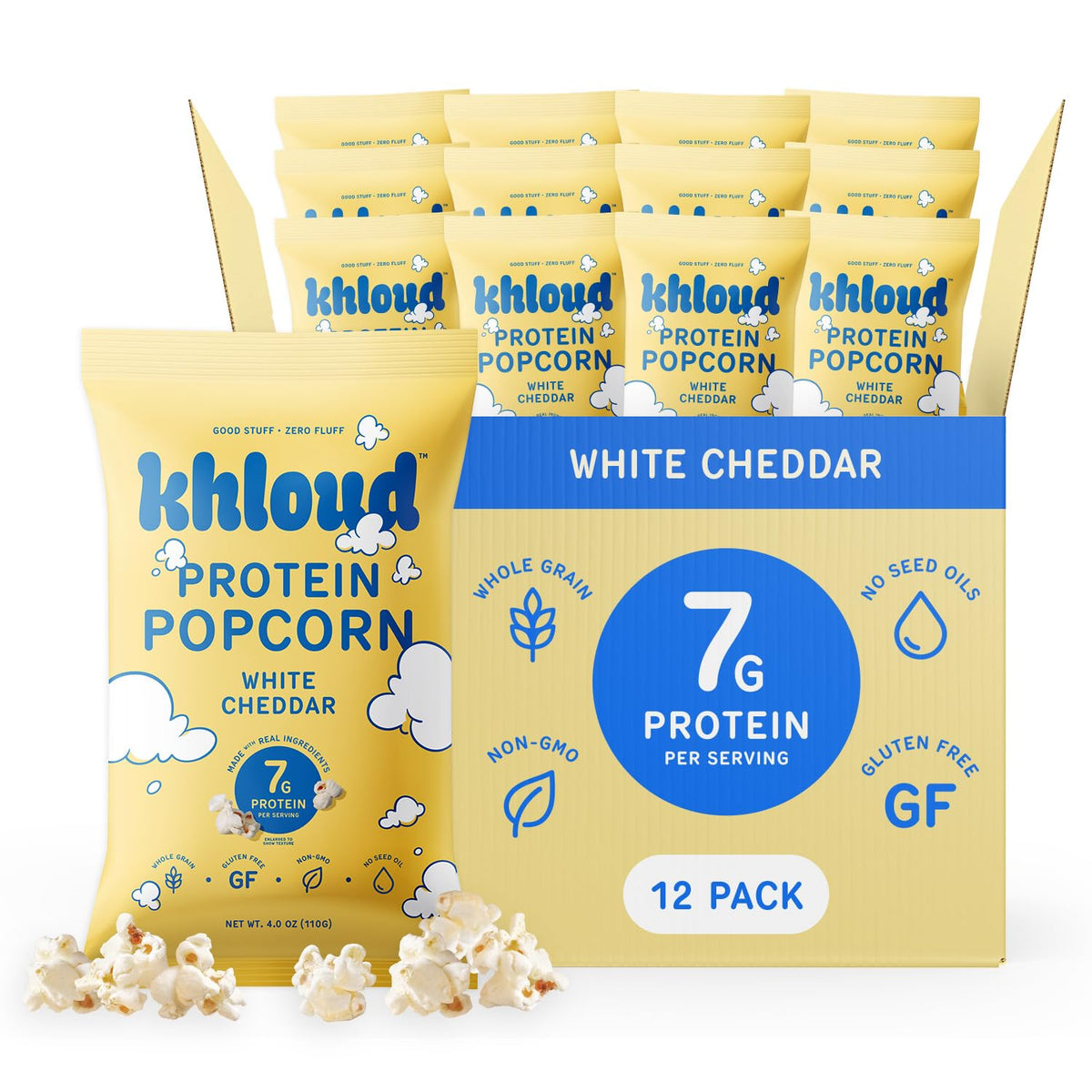 Khloud Protein Popcorn White Cheddar pack of 12, high-protein snack on the go