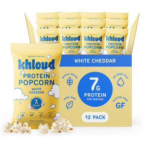 Khloud Protein Popcorn White Cheddar pack of 12, high-protein snack on the go
