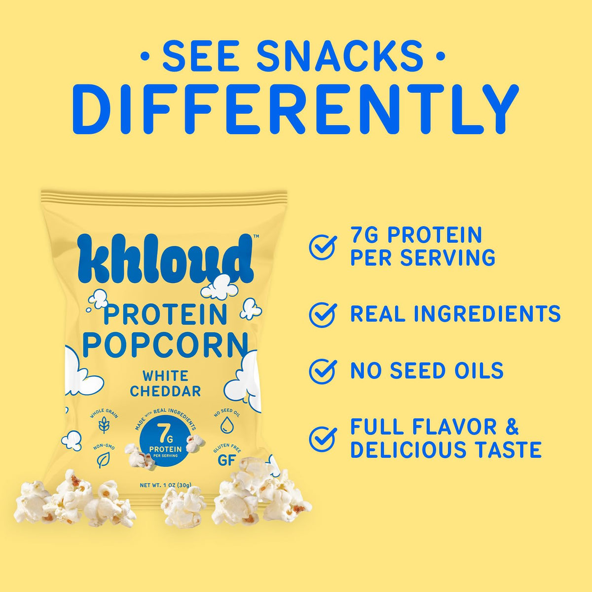 Khloud Protein Popcorn serving plate illustrates convenient 1oz snack portions.