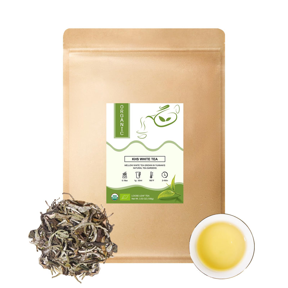 KHS Premium Organic White Tea loose leaf for a delicate, fresh brew.