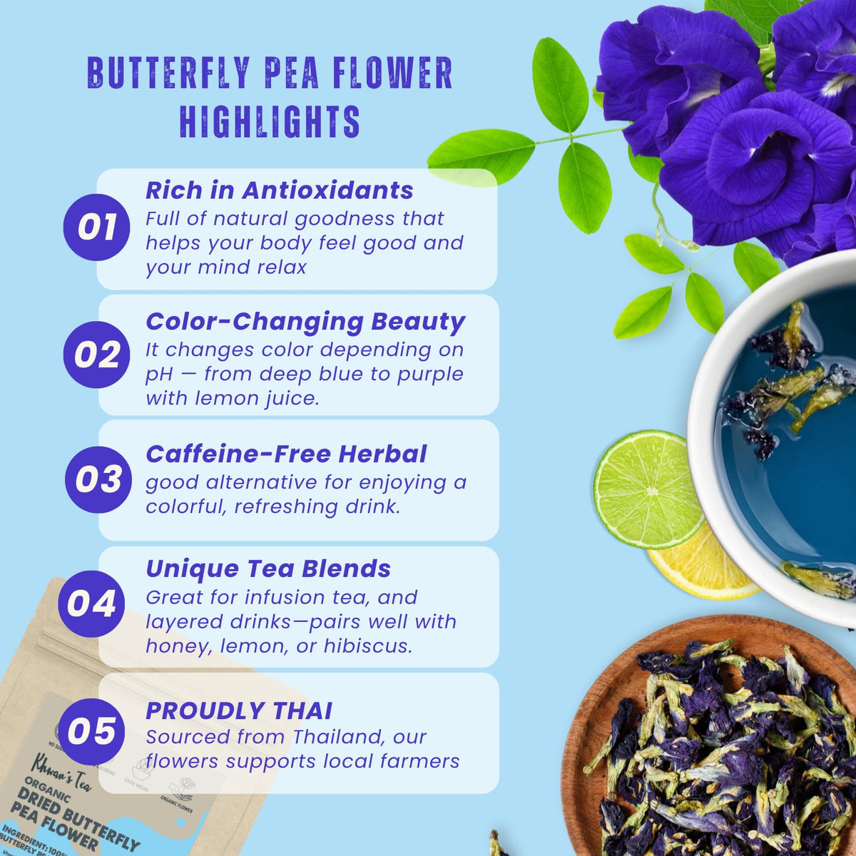 KHWAN'S TEA blue tea color-change when citrus is added for a playful moment.