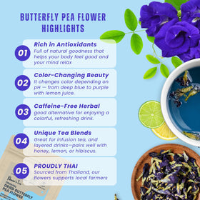 KHWAN'S TEA blue tea color-change when citrus is added for a playful moment.