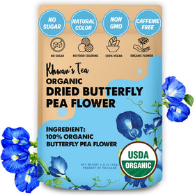 Khwan's Tea butterfly pea flowers appear in a close-up with vibrant blue infusion.
