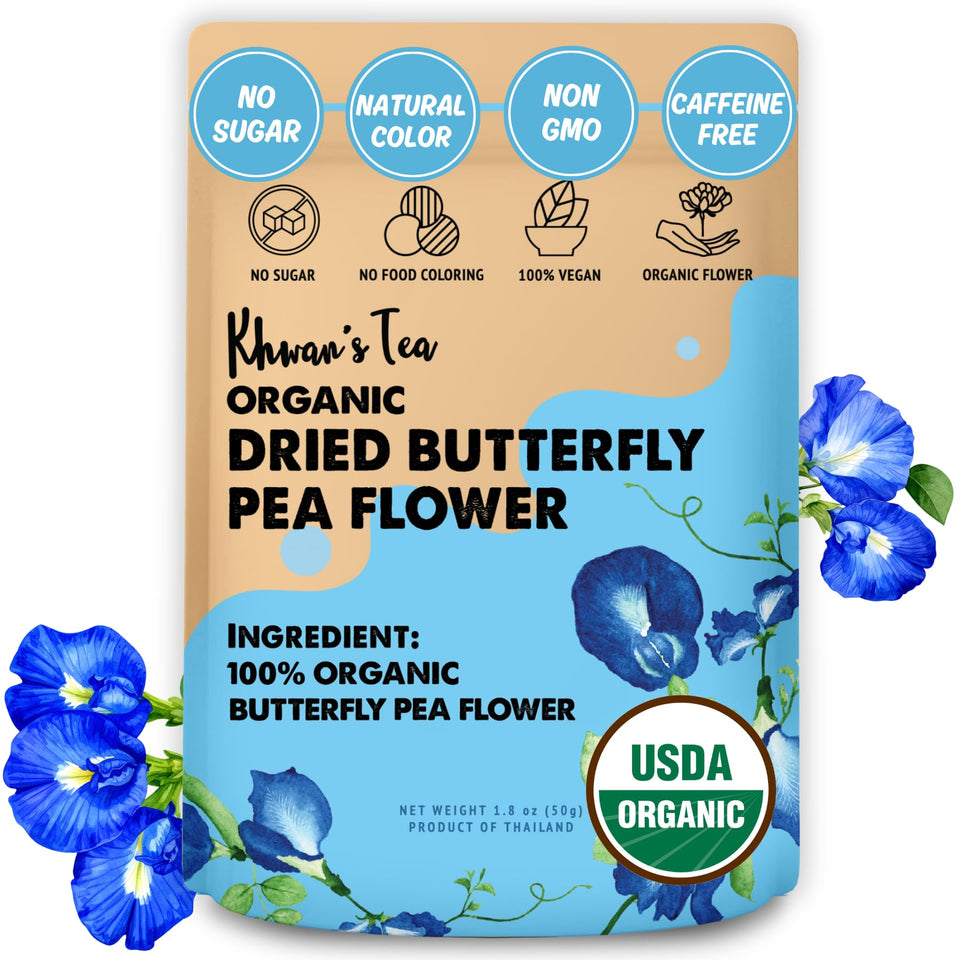 Khwan's Tea butterfly pea flowers appear in a close-up with vibrant blue infusion.