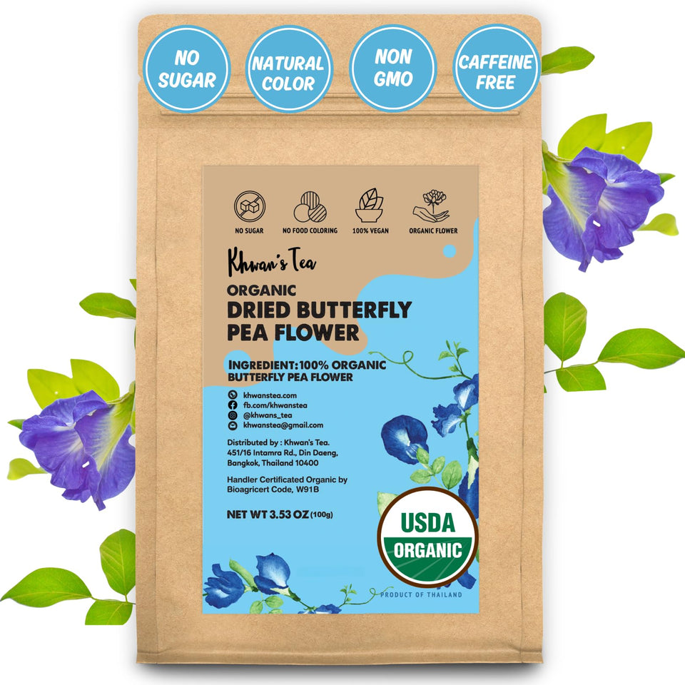KHWAN'S TEA butterfly pea flowers for a vibrant blue infusion.
