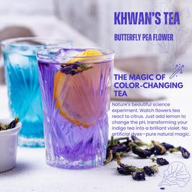 Khwan's Tea dried butterfly pea flowers show sun-dried color preservation.