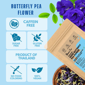 KHWAN'S TEA dried butterfly pea flowers preserved in a pouch for aroma.
