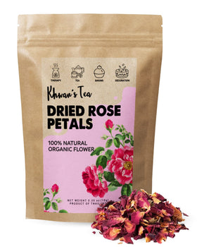 Khwan's Tea premium rose petals in resealable packaging for convenient on-the-go use