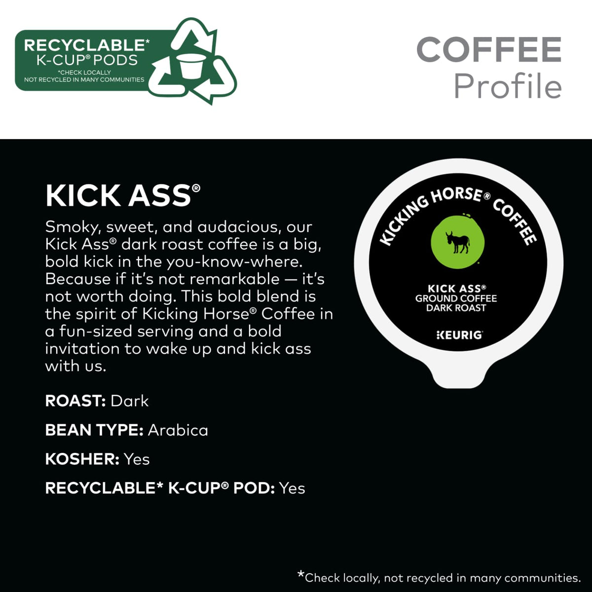 Kick Ass K-Cup beans image highlights rich, full-bodied dark roast
