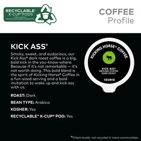 Kick Ass K-Cup beans image highlights rich, full-bodied dark roast