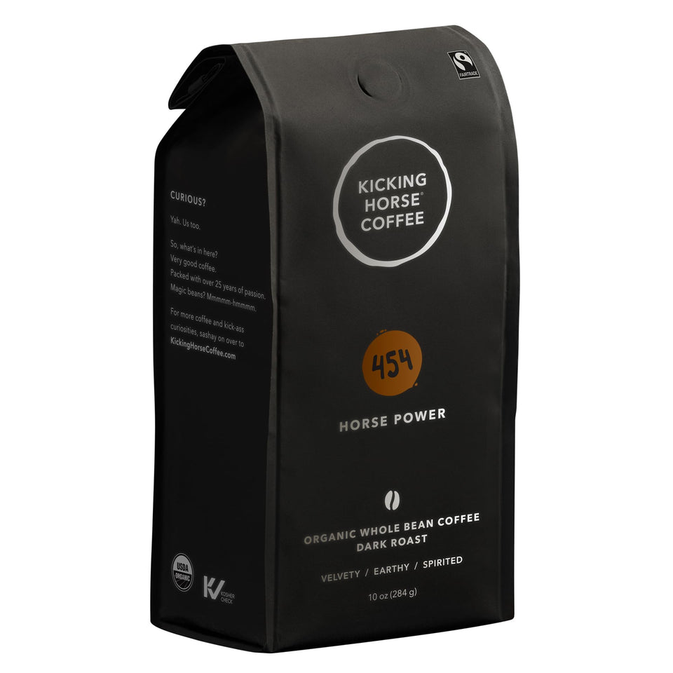 Kicking Horse 454 Horse Power coffee bag front with organic, bold flavor.