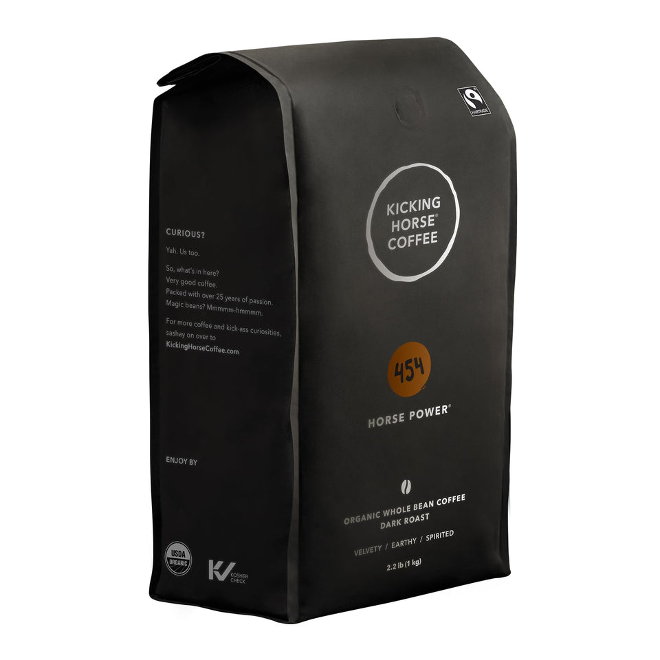 Kicking Horse 454 Horse Power dark roast whole bean for bold espresso or drip coffee.