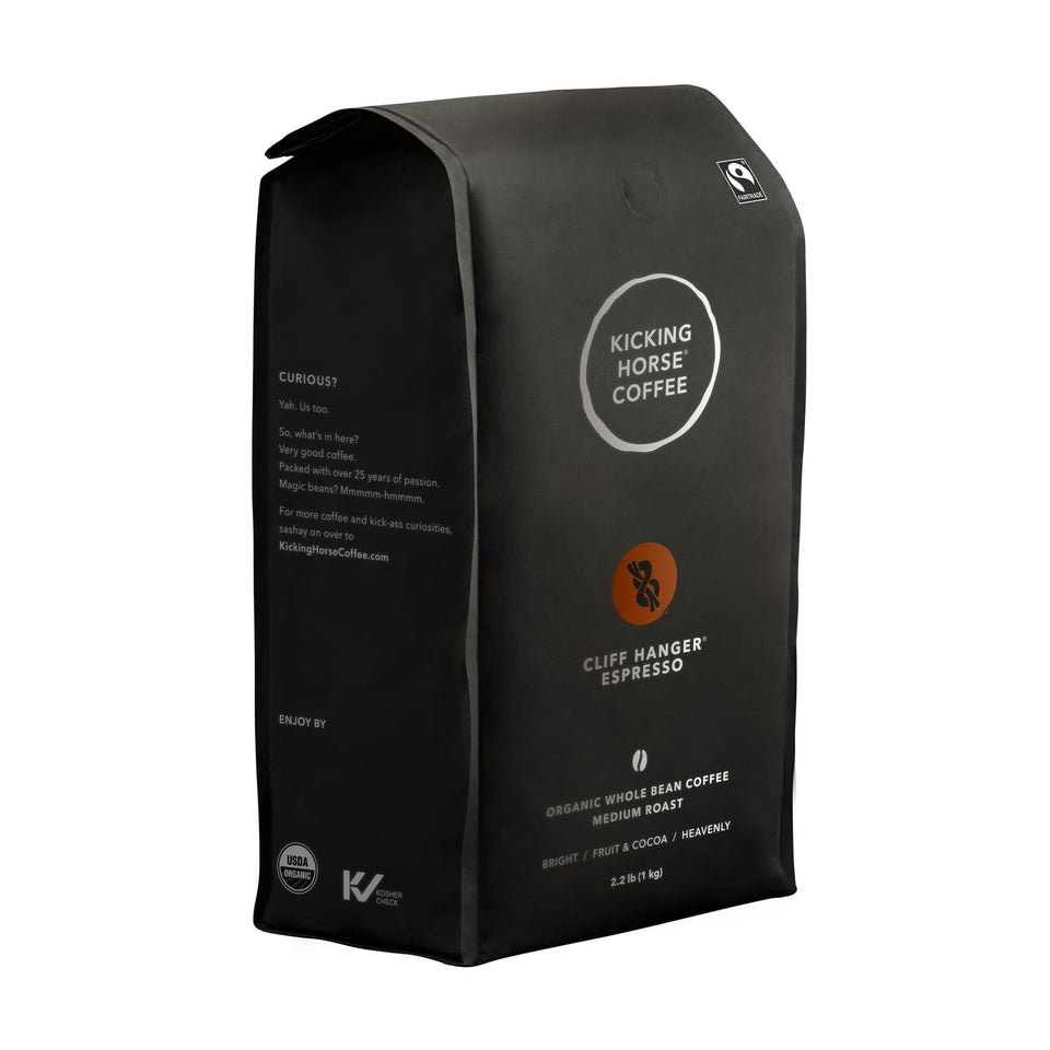 Kicking Horse Cliff Hanger espresso beans deliver a silky, chocolaty cup at home.