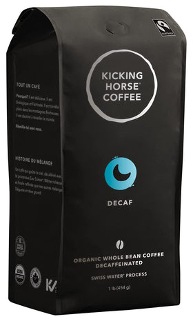 Kicking Horse decaf Swiss Water Process dark roast whole beans, 1 lb, for smooth mornings.