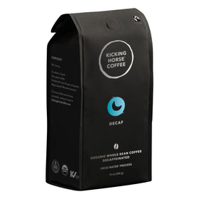 Kicking Horse decaf coffee with Swiss Water Process for a smooth, caffeine-free cup.