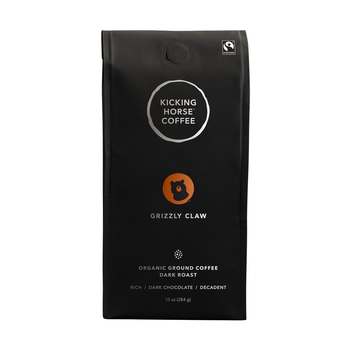 Kicking Horse Grizzly Claw coffee bag with rich roast; ideal for morning brew.