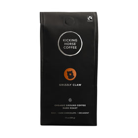 Kicking Horse Grizzly Claw coffee bag with rich roast; ideal for morning brew.