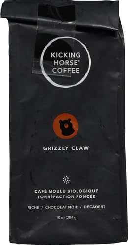 Kicking Horse Grizzly Claw cup steaming with deep chocolate notes and a bold finish.