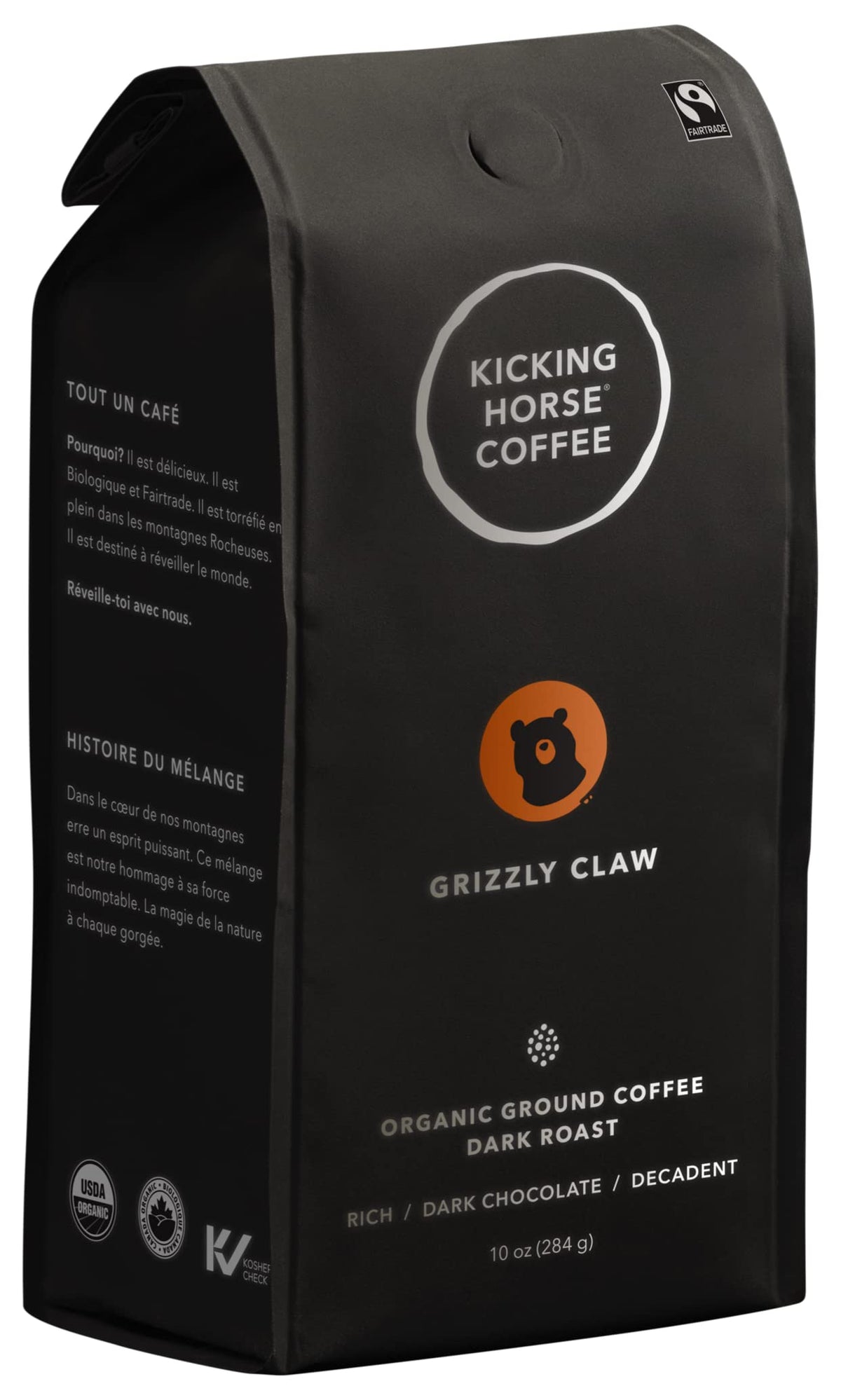 Kicking Horse Grizzly Claw dark roast ground coffee bag for rich everyday brews.
