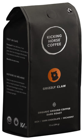 Kicking Horse Grizzly Claw dark roast ground coffee bag for rich everyday brews.