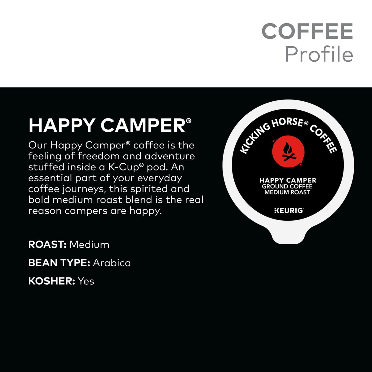 Kicking Horse Happy Camper brew steam highlights medium roast and warmth.