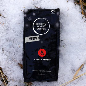 Kicking Horse Happy Camper brewed cup steaming invites a smooth, adventure-ready morning.