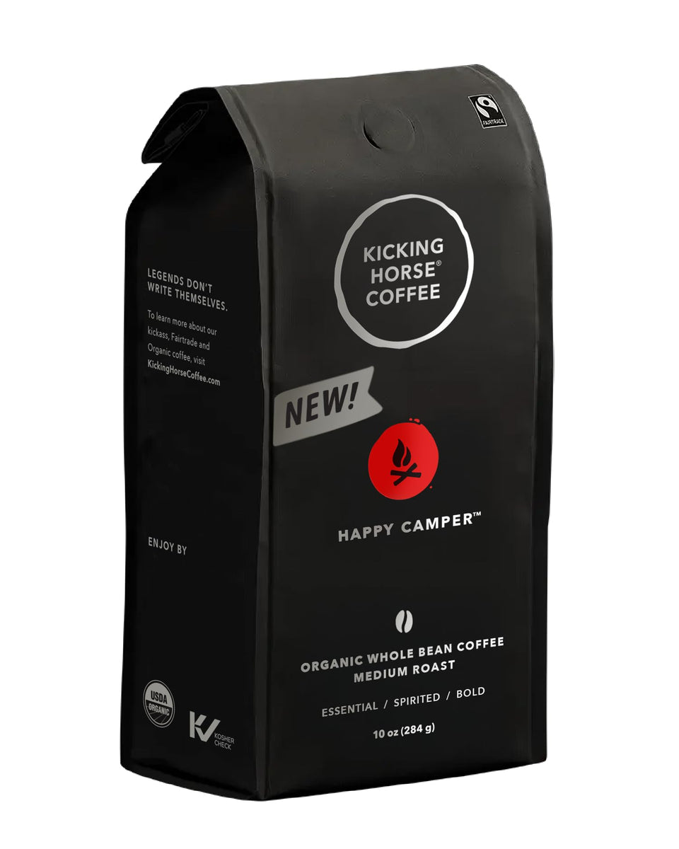 Kicking Horse Happy Camper coffee bag front shows organic, fairtrade certification.