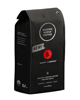 Kicking Horse Happy Camper coffee bag with organic, fair trade grounds for bold mornings.