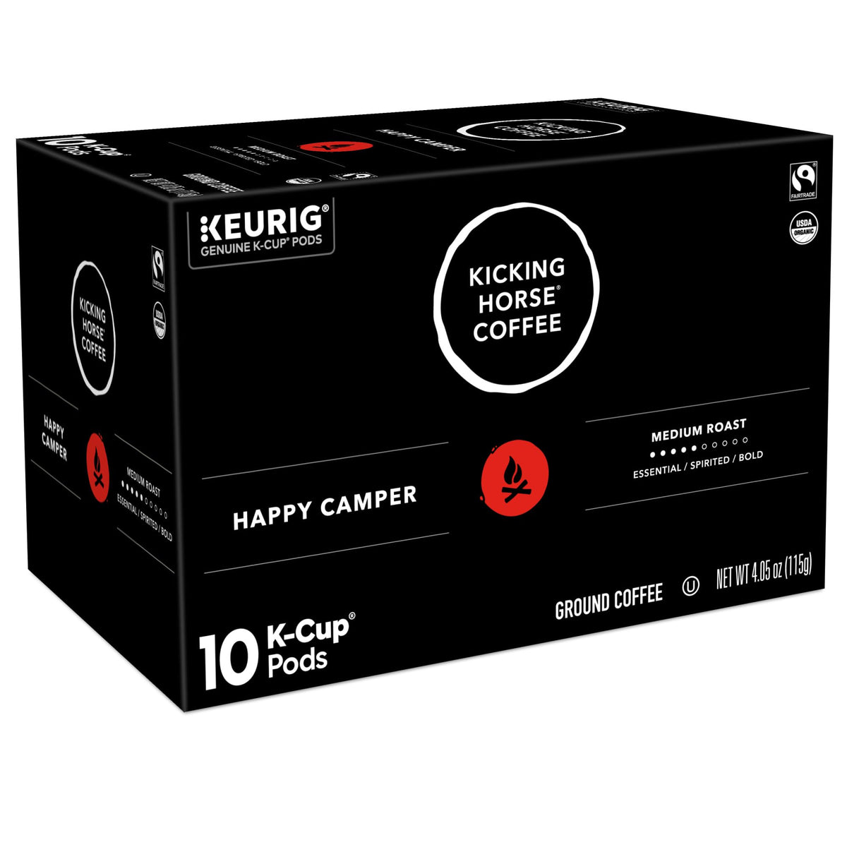 Kicking Horse Happy Camper Fair Trade label closeup signals ethical sourcing.