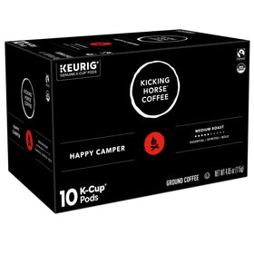 Kicking Horse Happy Camper Fair Trade label closeup signals ethical sourcing.