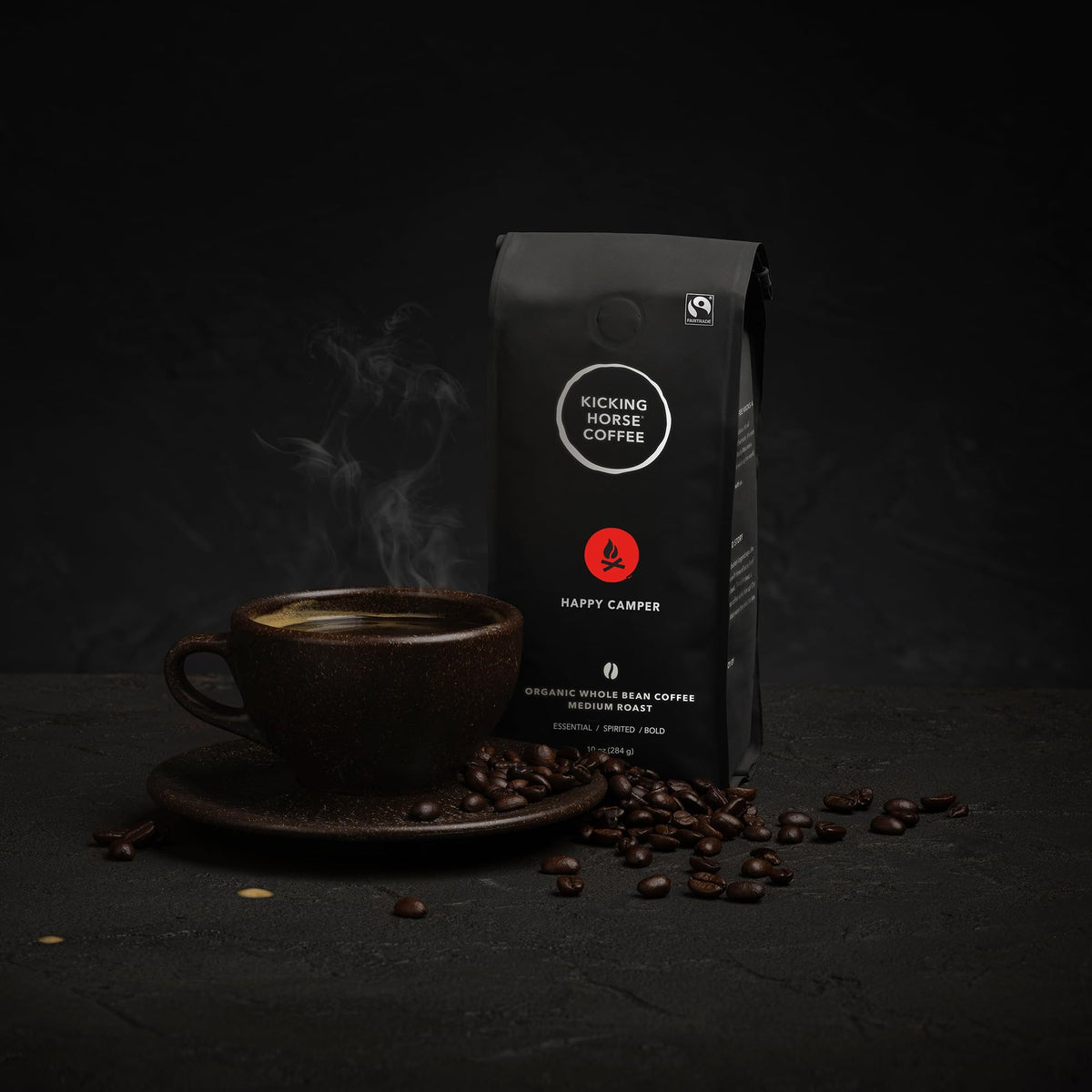 Kicking Horse Happy Camper mountain roaster captures Rocky Mountain origins and careful roasting.