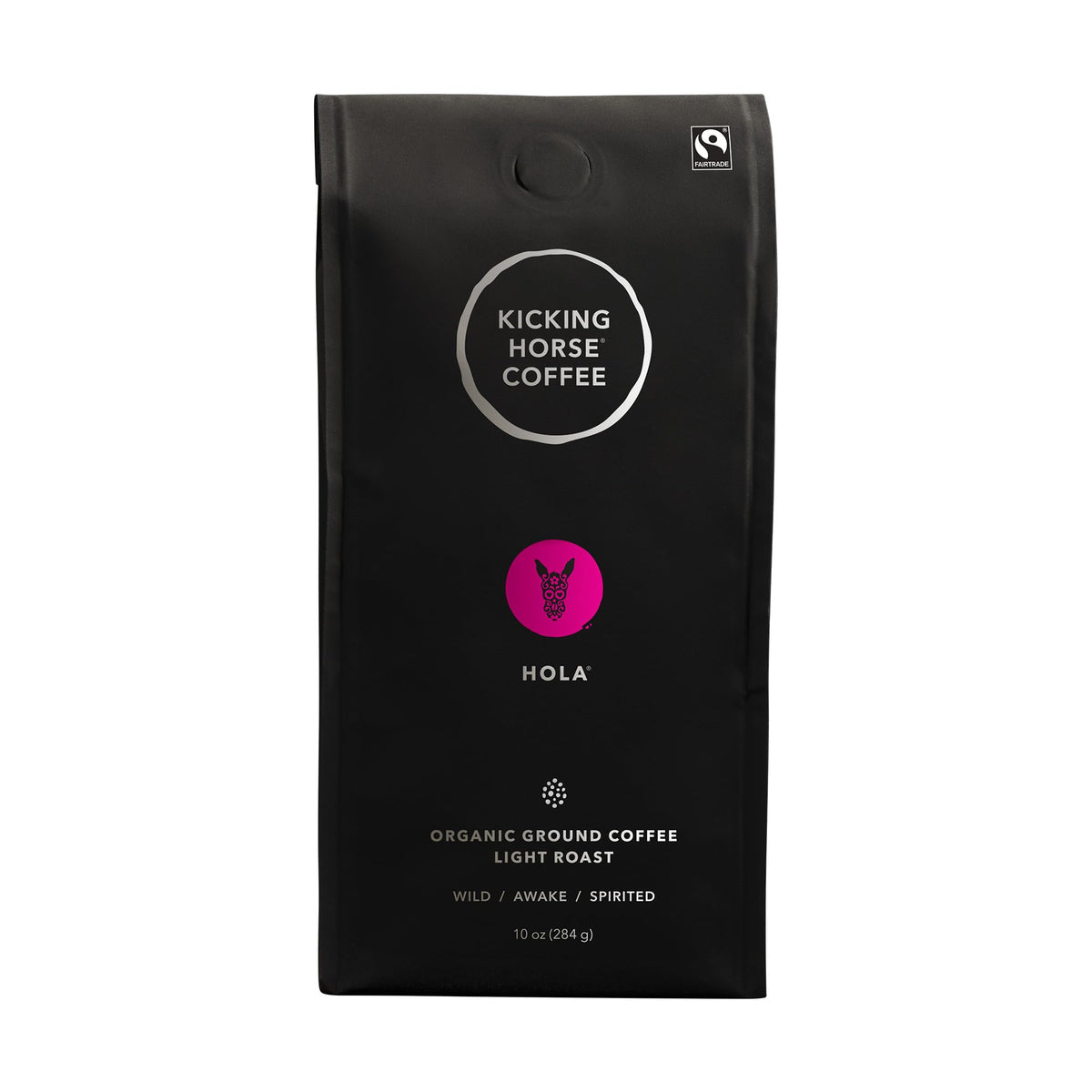 Kicking Horse Hola light roast ground coffee pack for a bright, quick morning brew.