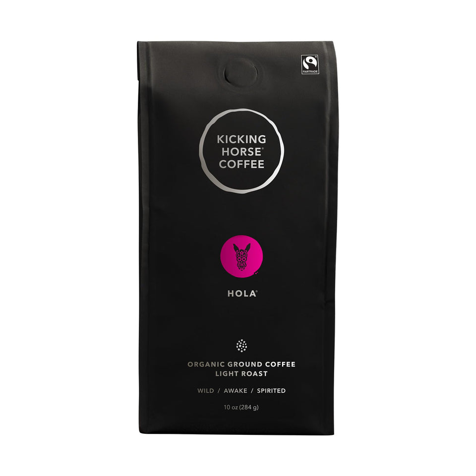 Kicking Horse Hola light roast ground coffee pack for a bright, quick morning brew.