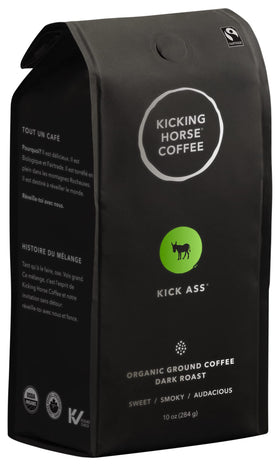 Kicking Horse Kick Ass ground coffee bag with bold aroma for morning brew