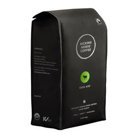Kicking Horse Kick Ass dark roast coffee bag label with bold aroma ready to brew