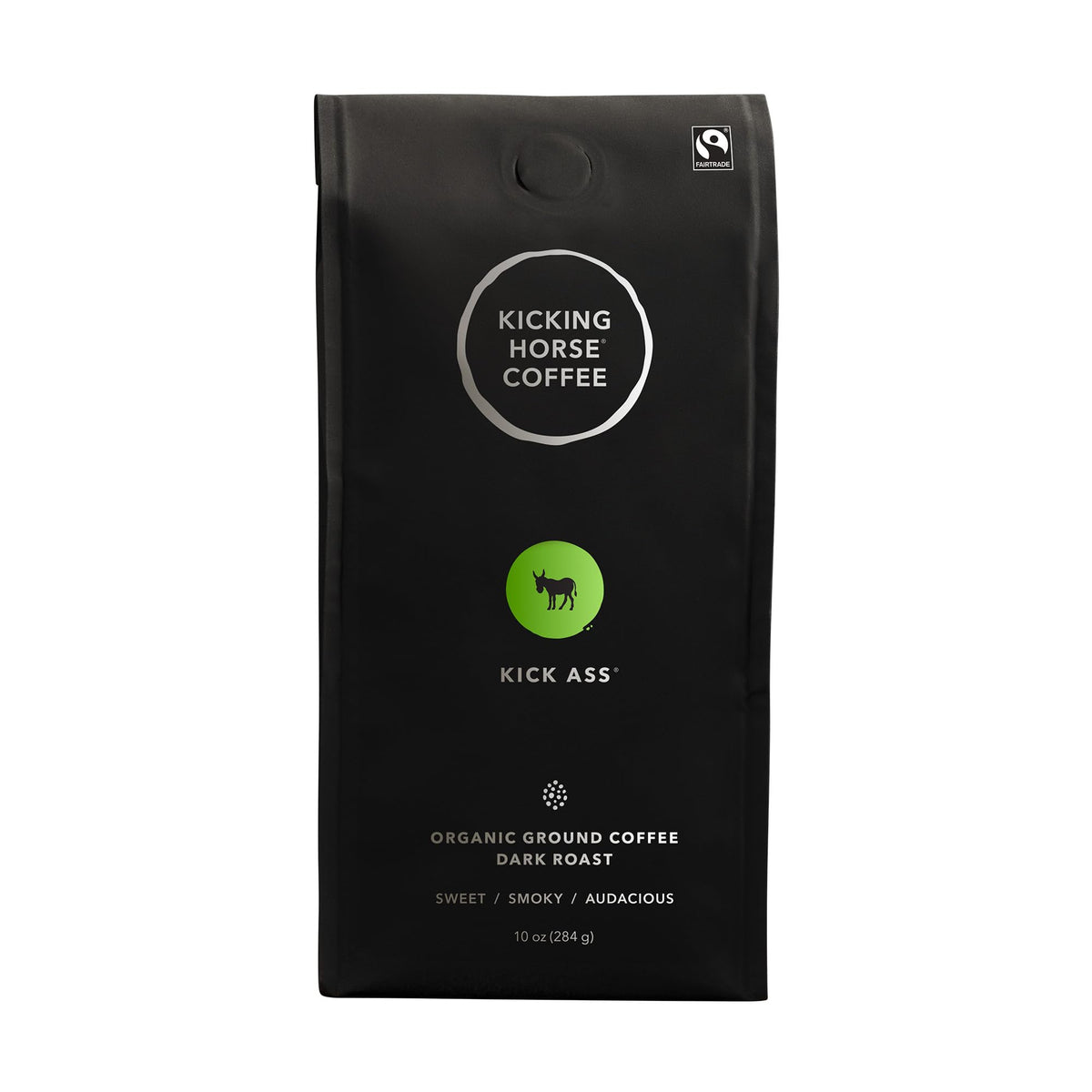 Kicking Horse Kick Ass dark roast ground coffee delivers bold aroma for morning brews.