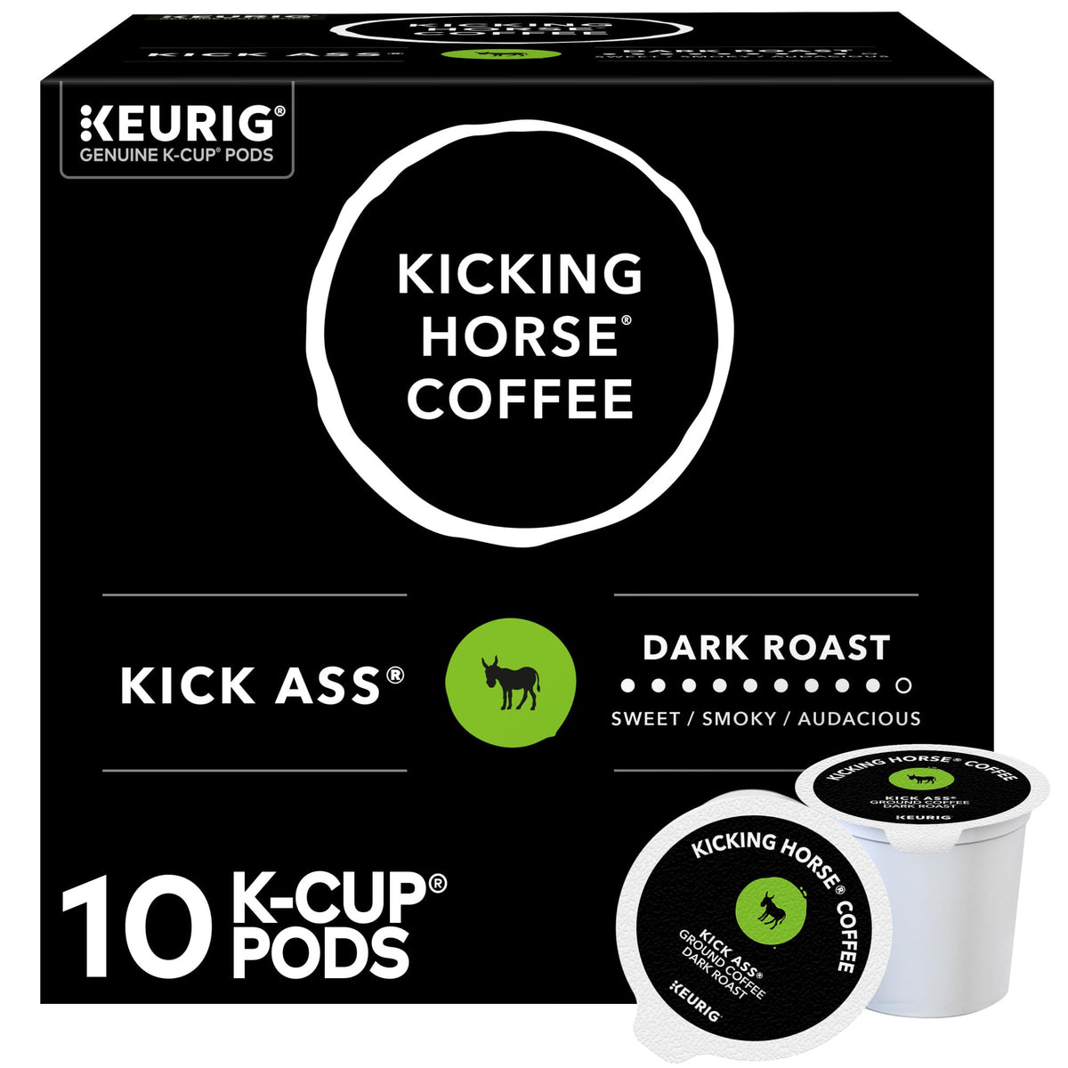 Kicking Horse Kick Ass packaging shows bold branding for quick flavor recognition