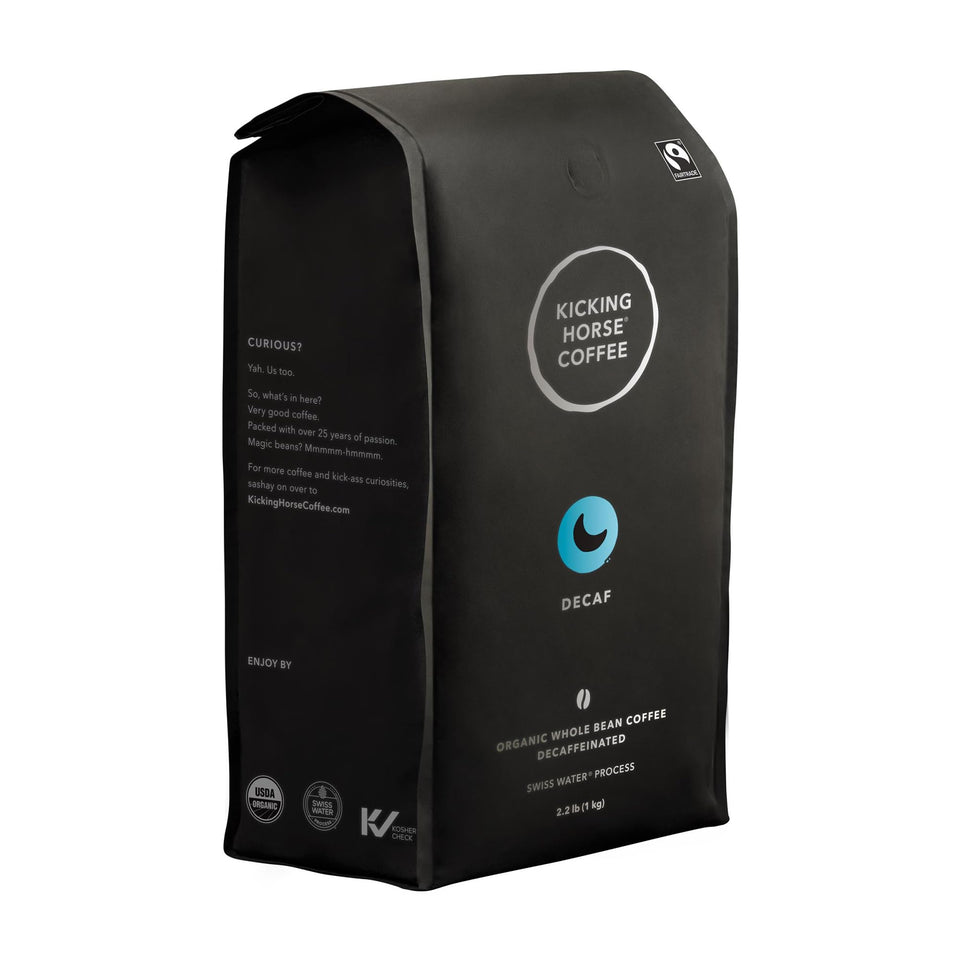 Kicking Horse Swiss Water decaf bag showing organic, sustainably sourced whole beans in packaging.