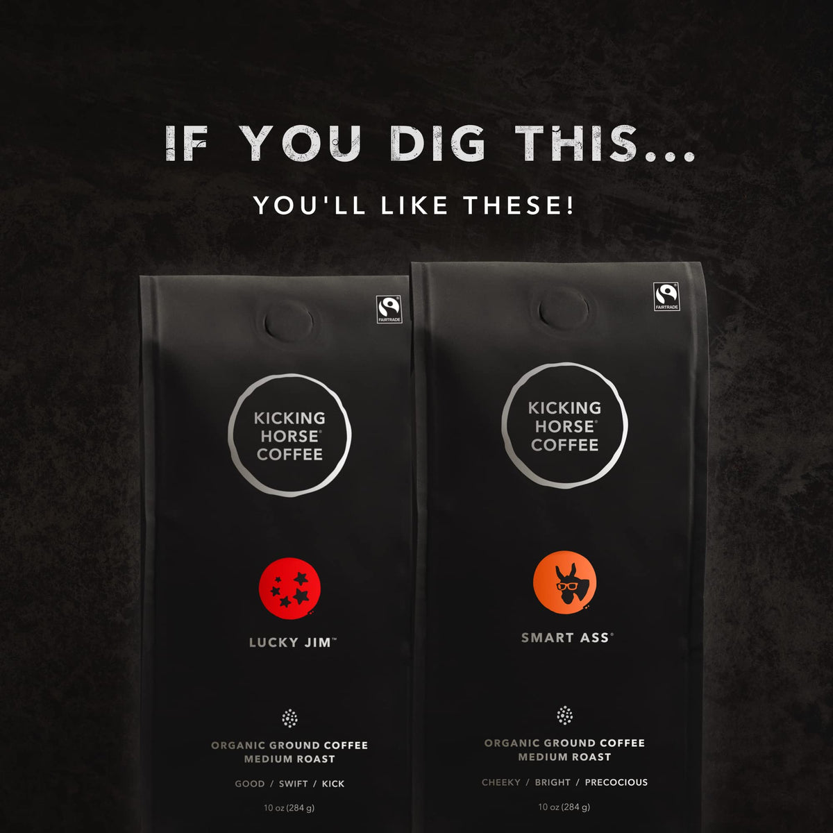 Kicking Horse Three Sisters certifications badge showing organic, fair trade, and kosher standards.