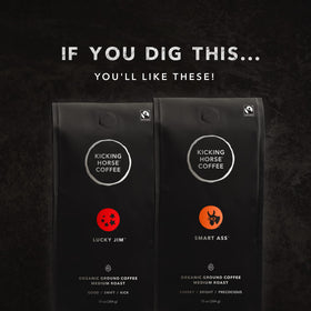 Kicking Horse Three Sisters certifications badge showing organic, fair trade, and kosher standards.