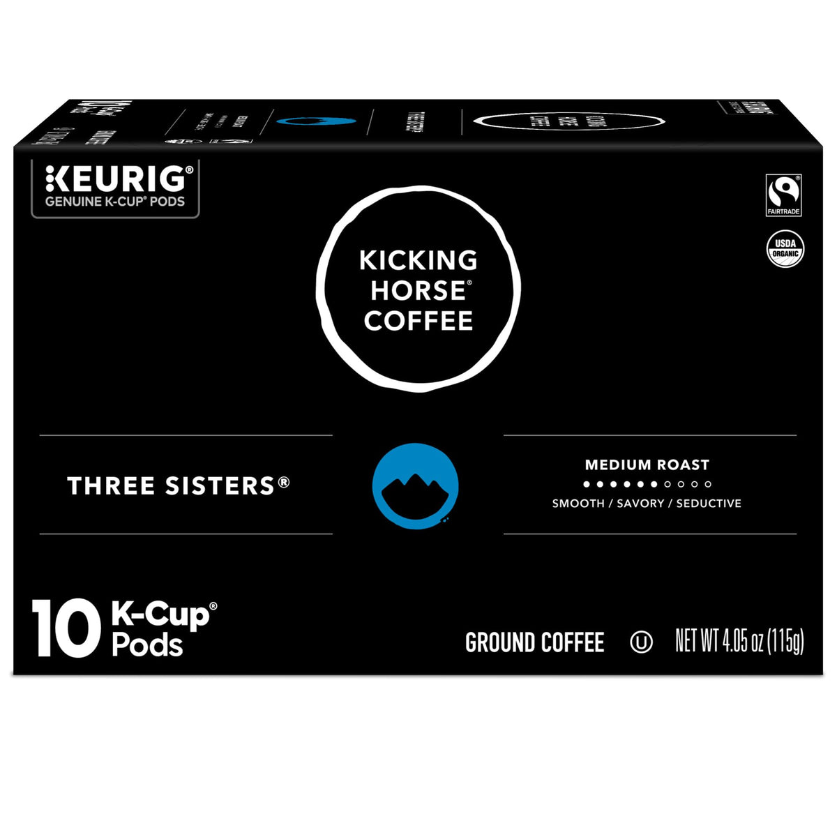 Kicking Horse Three Sisters label close-up emphasizes Fair Trade and Organic.